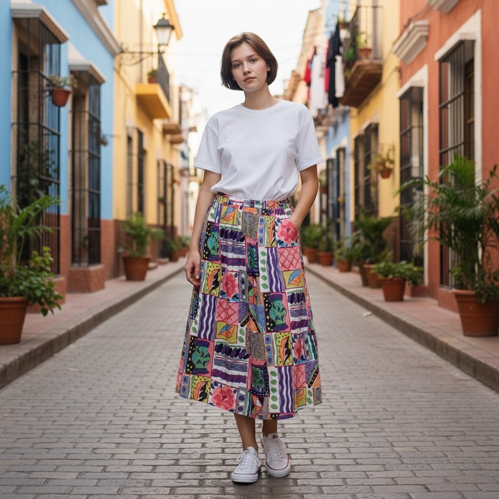 Vintage 90s Colorful Abstract Patchwork Midi Skirt Beco Medium